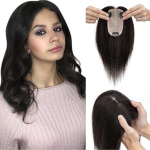 Real Human Hair Topper NATURAL BLACK 6 Inch Clip In Hair Piece Thinning Hair NEW